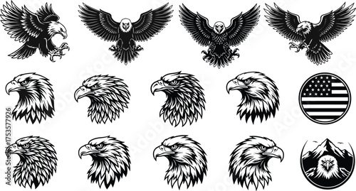 Vector Silhouettes of Eagles in Dynamic Poses and Emblem Styles for Patriotic, Wildlife, Tattoo, Logo, and Artistic Design Use