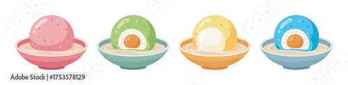 Colorful cartoon mochi ice cream bowls featuring pink, green, yellow, and blue scoops, each served in matching bowls with creamy centers.