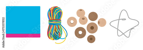 Colorful rubber bands coiled into a ball, alongside a stack of sticky notes, wooden discs, and a metal cookie cutter in a star shape.