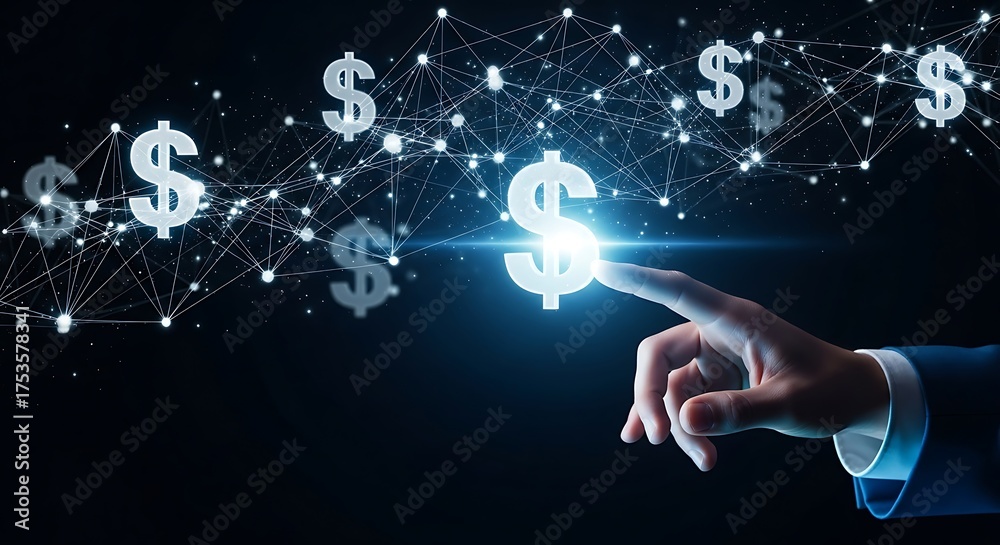 Fototapeta premium A hand touches a dollar sign in a network of interconnected nodes, symbolizing digital finance, cryptocurrency, and the increasing importance of technology in the global economy