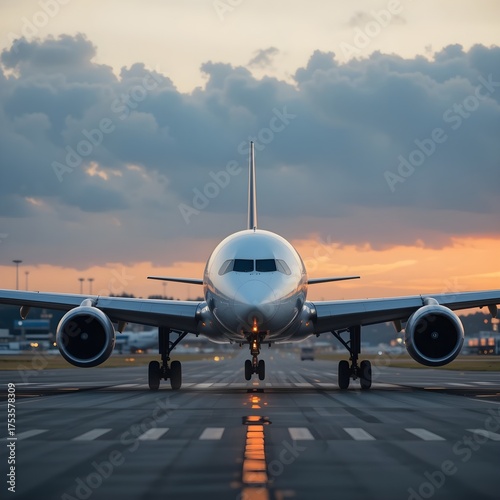 close up front view of commercial airplane standing on runway at sunset or sunrise