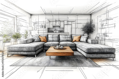 Modern sectional sofa living room sketch design interior decor home furniture