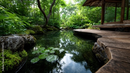 A serene stream flows gently through a lush green landscape, creating a peaceful environment that embodies tranquility and natural beauty, ideal for relaxation.