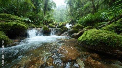 This image captures a serene stream gently flowing through a lush green forest, radiating tranquility and vibrant life, inviting viewers to experience nature's beauty.