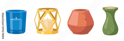 A set of four decorative candles in various holders, including a blue glass, a golden geometric design, a clay pot, and a green wooden texture.
