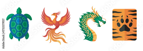 Colorful designs of a turtle, phoenix, dragon, and tiger paw symbol side by side, representing diverse cultural motifs.