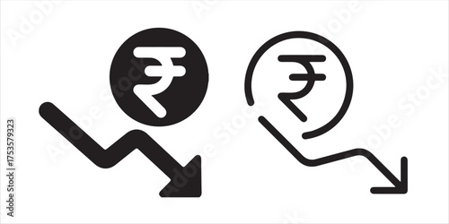 Rupee value declining graph icons symbolize economic downturn, financial loss, market crash, and investment risk in India vector illustration!