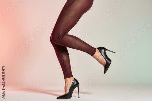 Women’s Legs in Bold-Colored Tights and Luxury High Heels Playfully Kicking Against Retro Background, Studio Fashion Photography