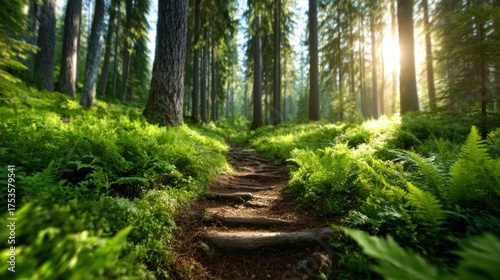 A tranquil forest pathway illuminated by soft sunlight filtering through tall trees, inviting viewers to explore the richness and serenity of nature's vibrant greenery.