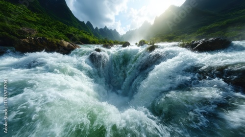 This image captures a powerful waterfall cascading into a churning river, surrounded by lush green mountains under bright rays of sunlight. Nature's beauty on full display.