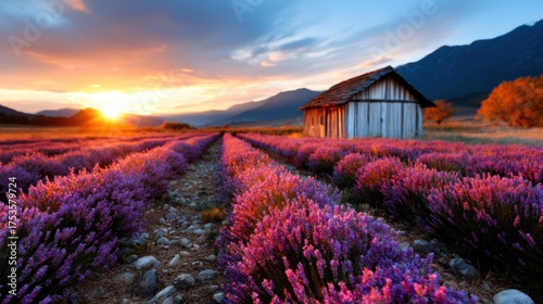 Breathtaking view of vibrant lavender fields under a stunning sunset, with a rustic wooden cabin adding charm to the picturesque landscape of nature's beauty.