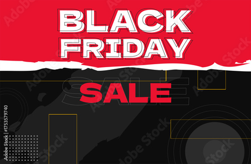 Modern Black Friday Sale Graphic with Red Header and White Text on Blue and Gray Background Featuring Circles and Rectangles, Bold Promotional Advertisement Design for Retail Marketing