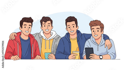 Group of Young Men Together, Embracing and Smiling with Drinks and Tablet