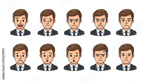 A set of cartoon businessman avatars showcasing a diverse range of facial expressions and human emotions