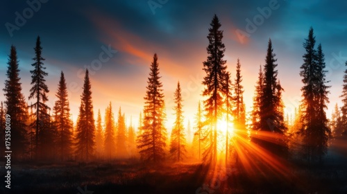 A breathtaking sunset illuminating the misty silhouette of tall pine trees, casting an enchanting glow and creating a captivating natural scene of tranquility.