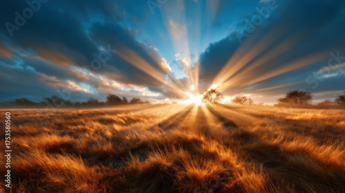 A breathtaking view of the sun breaking through clouds at dawn, casting rays of light over a vast golden field, evoking feelings of hope and tranquility in nature.