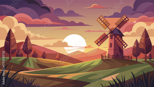 windmill field poster with sunset.