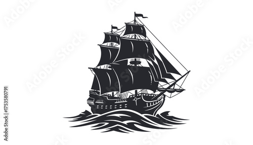 Vector art of black silhouette of a sailing ship on