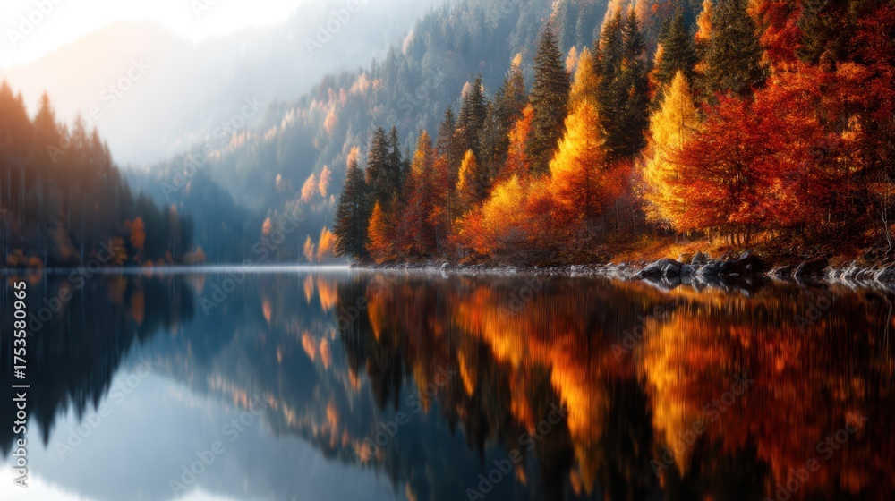 Naklejka premium Captivating scene of autumn foliage reflected on a calm lake, surrounded by misty mountains, capturing the beauty and serenity of nature in its most vibrant colors.