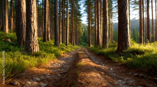 Explore this serene forest pathway lined by tall, majestic pine trees, inviting viewers to experience the tranquility and natural beauty of a woodland escape.