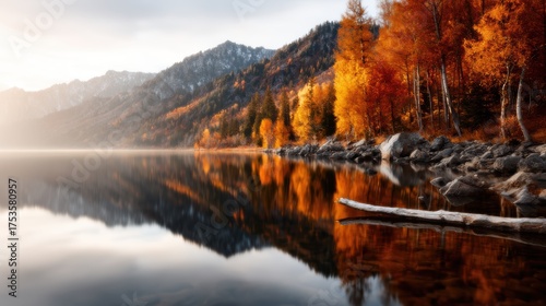 A stunning autumn landscape reflecting vibrant foliage on still waters, capturing the essence of tranquility and the beauty of nature's seasonal transformations.