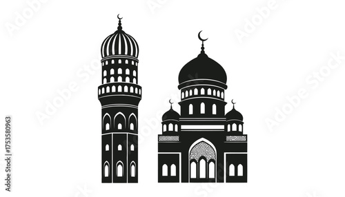 Vector art of silhouette of a mosque and minaret