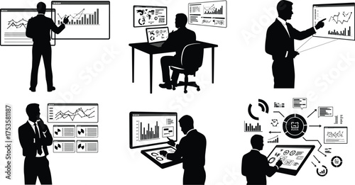 Business analytics silhouettes, data visualization, chart interaction, digital dashboard, professional analysis, touchscreen interface, black and white, office technology
