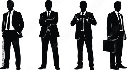 Business attire silhouettes, suit and tie, professional posture, briefcase icon, confident stance, corporate identity, black and white, office figure