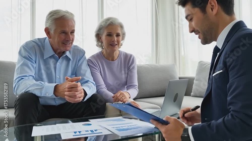 Smiling senior couple meeting with a male financial advisor at home, reviewing investment charts and retirement planning documents.