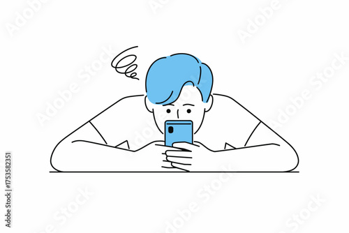 Young Man Using Smartphone — Minimalist Illustration of Mobile Addiction and Digital Lifestyle.