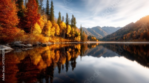 A breathtaking autumn scene with vibrant colors reflecting in a tranquil lake, showcasing the harmonious blend of nature’s beauty and the changing seasons.