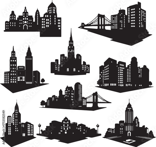 Silhouetted Urban Panoramas A Black and White Visual Symphony of Cityscapes with Bridges and Varied Architectural Marvels