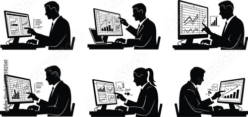 Data analysts at desks, business charts, spreadsheet interaction, computer monitors, financial graphs, tablet usage, silhouette workers, analytics, office tasks