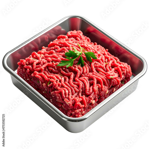 Freshly ground raw meat in a metal square container, garnished with parsley