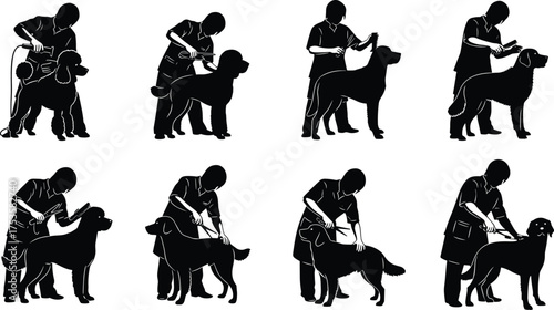 Dog grooming silhouettes, pet care, brushing, trimming, washing, grooming tools, handler and dog, black and white, instructional sequence, animal hygiene
