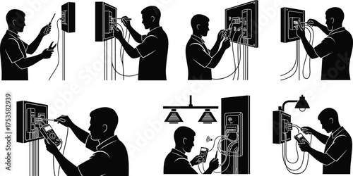 Electricians at work, electrical panel inspection, wiring tasks, tool usage, voltage testing, residential repair, silhouette workers, safety gear, lighting, maintenance