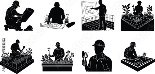 Garden planning, landscape design, planting activity, blueprint review, raised beds, horticulture tools, outdoor layout, stylus drawing, vegetation care, silhouette workers