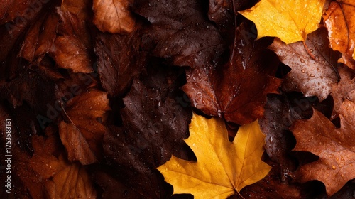 A stunning collection of autumn leaves in shades of brown, orange, and yellow, wet from rain, creating a beautiful texture that signifies the change of seasons and nature's beauty.