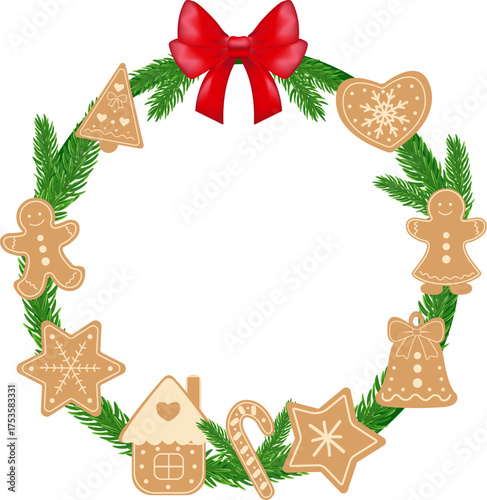 Vector illustration of a Christmas wreath made of fir branches, decorated with gingerbread cookies and a red bow