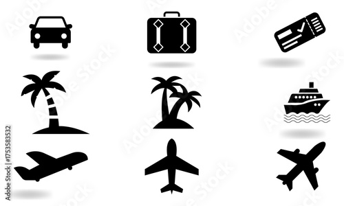 Travel and Vacation Icons Set  Car, Airplane, Luggage, Cruise, and Palm Tree Silhouettes