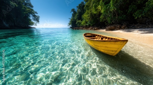 A sunny beach scene featuring a yellow boat anchored in clear turquoise waters under a bright blue sky, evoking peacefulness and the beauty of nature's simplicity.