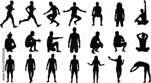 Human pose silhouettes, body movement, gesture variety, sitting, running, stretching, squatting, anatomy reference, black and white, figure drawing