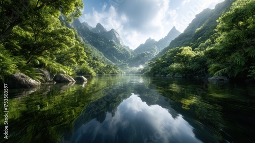 A mesmerizing landscape featuring towering mountains mirrored in a calm river, showcasing the serene beauty of nature's untouched landscapes in vibrant hues of green.
