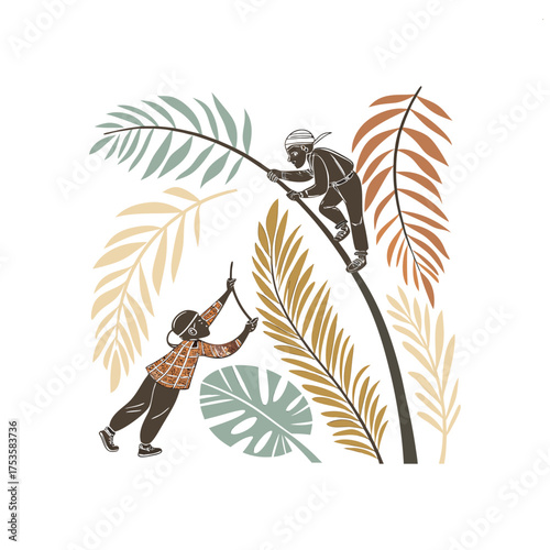Coconut Harvesting Illustration with Palm Trees and Native People Silhouette