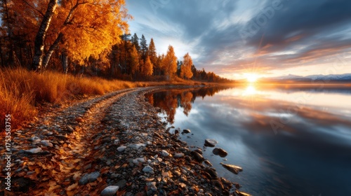 This stunning image depicts a serene lake reflecting vibrant autumn hues at sunset, creating a tranquil atmosphere enhanced by the beauty of nature's changing seasons.
