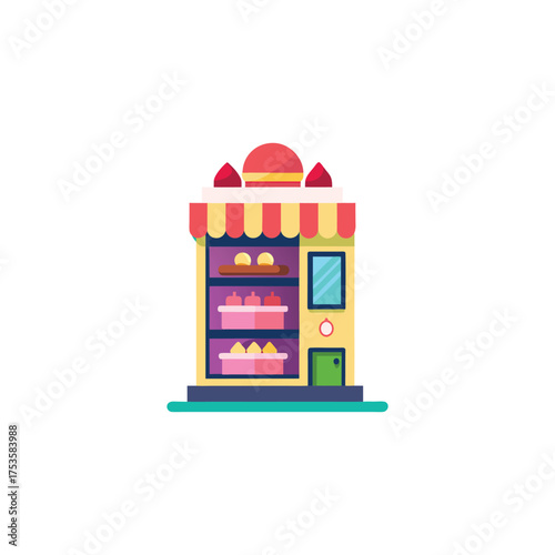 Cute bakery shop illustration with awning and delicious pastries