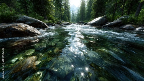 The sun sparkles on a crystal-clear river flowing over smooth stones, enveloped by towering trees, encapsulating the pristine beauty of a forested ecosystem.