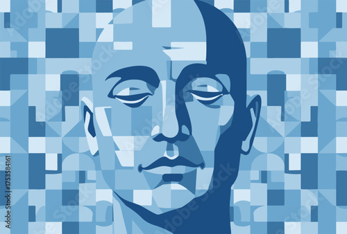 Stylized geometric mosaic illustration of a human face in blue tones, symbolizing thought, calm, and technology. Modern abstract portrait art
