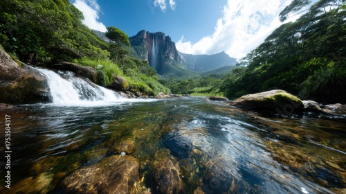 A stunning river flows through lush green landscapes, with a towering mountain and waterfall, illustrating nature’s beauty and tranquility in a serene environment.