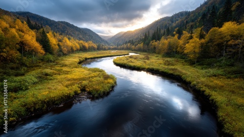 A breathtaking view of an autumn landscape featuring a serene river winding through vibrant yellow and green trees, encapsulating nature's tranquility and beauty.